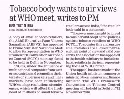 Tobacco body wants to air views at WHO meet, writes to PM [The Statesman]_27092016