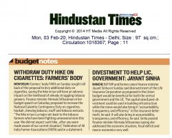 Withdraw duty hike on Cigarettes - Farmers Body [Hindustan Times] 03022020